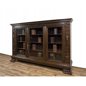 BIBLIOTEKA ANTYK WITRYNA SZAFA RZEŹBIONA LWIE ŁAPY 100-LETNIA 2,65 m dł.
